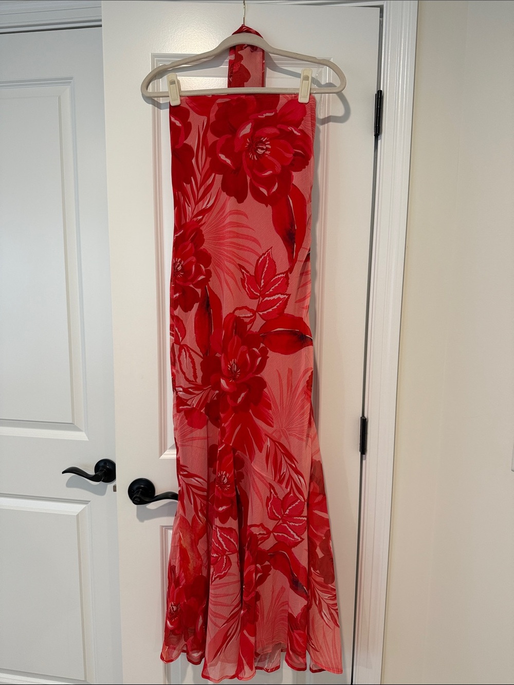 Red Strapless Floral Maxi Dress with Scarf